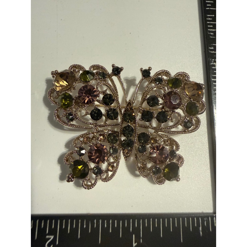 Vintage Butterfly Brooch Silver Tone Rhinestone Filigree Pin‎ Green Purple Brown